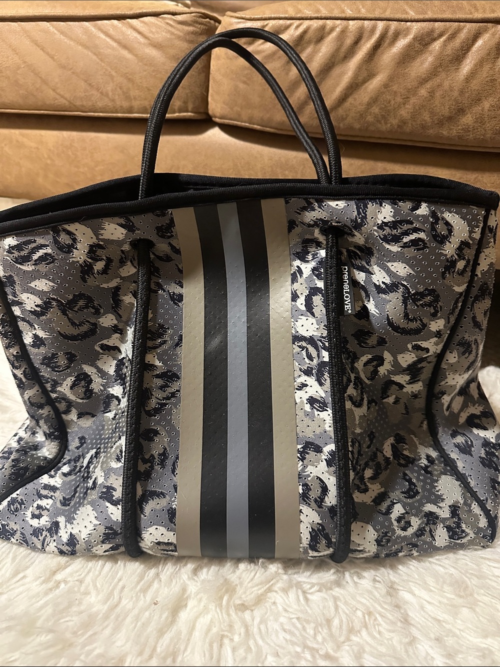 PreneLOVE* Neoprene Tote in Black and Gray Stripe